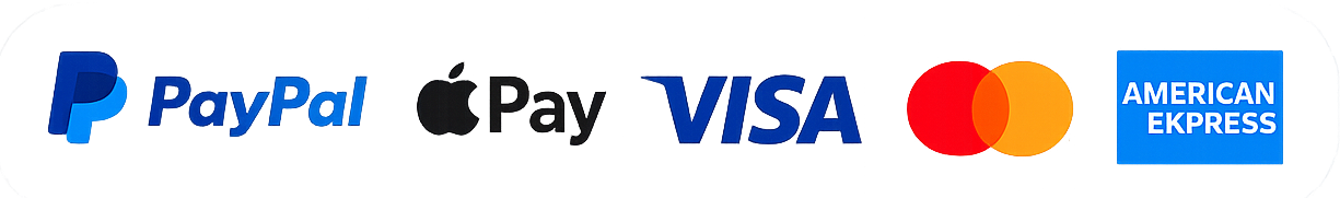 Secure payment methods including PayPal, Apple Pay, Visa, Mastercard and American Express